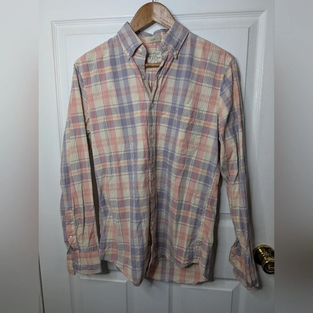 J. Crew Mens Shirt Plaid Secret Wash Slim Organic Cotton Size Small Pink Purple
